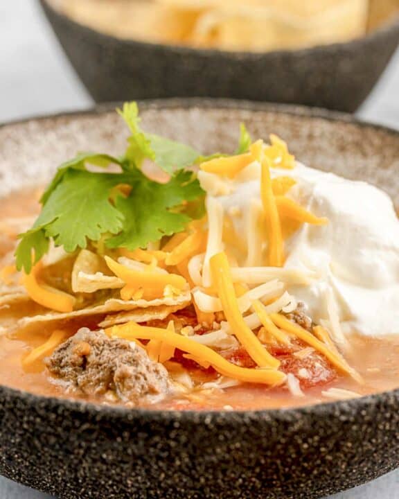 bowl of copycat Luby's beef tortilla soup.