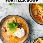 overhead view of Luby's tortilla soup and tortillas in bowls.