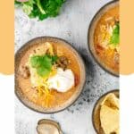 overhead view of homemade Luby's tortilla soup in bowls.