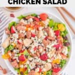 overhead view of homemade O'Charley's California chicken salad in a salad bowl.