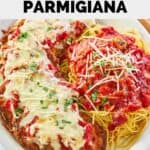homemade Olive Garden eggplant parmesan and pasta on a platter.