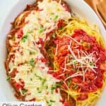 homemade Olive Garden eggplant parmigiana, pasta, and marinara sauce.