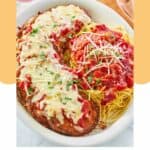 homemade Olive Garden eggplant parmimgiana and pasta on a plate.