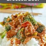 homemade Panda Express broccoli beef and rice on a plate.
