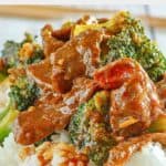 closeup of homemade Panda Express broccoli beef over rice.