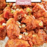 closeup of homemade Panda Express orange chicken over rice.