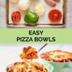 pizza bowls ingredients and the finished dish.