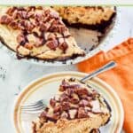 slice of Reese's peanut butter pie and a fork on a plate.
