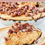 closeup of a slice of Reese's peanut butter pie.