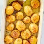 overhead view of roasted baby potatoes in a dish.