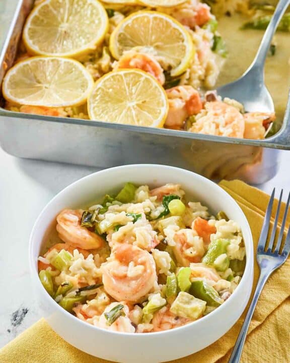 shrimp casserole in a bowl and baking dish.