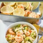 bowl of shrimp casserole, a fork, and the casserole.