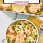 overhead view of a serving of shrimp casserole next to the casserole.