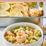 a serving of shrimp casserole in a bowl in front of the casserole.