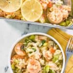 overhead view of shrimp casserole in a bowl and baking pan.