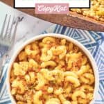 overhead view of spicy macaroni and cheese in a bowl and baking dish.