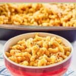 a bowl of spicy macaroni and cheese in front of the dish.