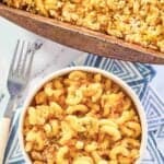 overhead view of spicy macaroni and cheese in a bowl and baking pan.
