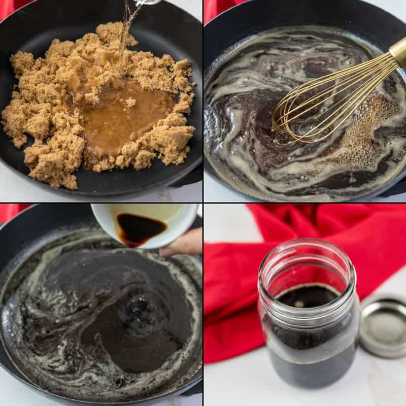collage of steps for making sugar cookie syrup.