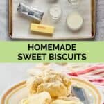 sweet biscuits ingredients and two biscuits on a plate.