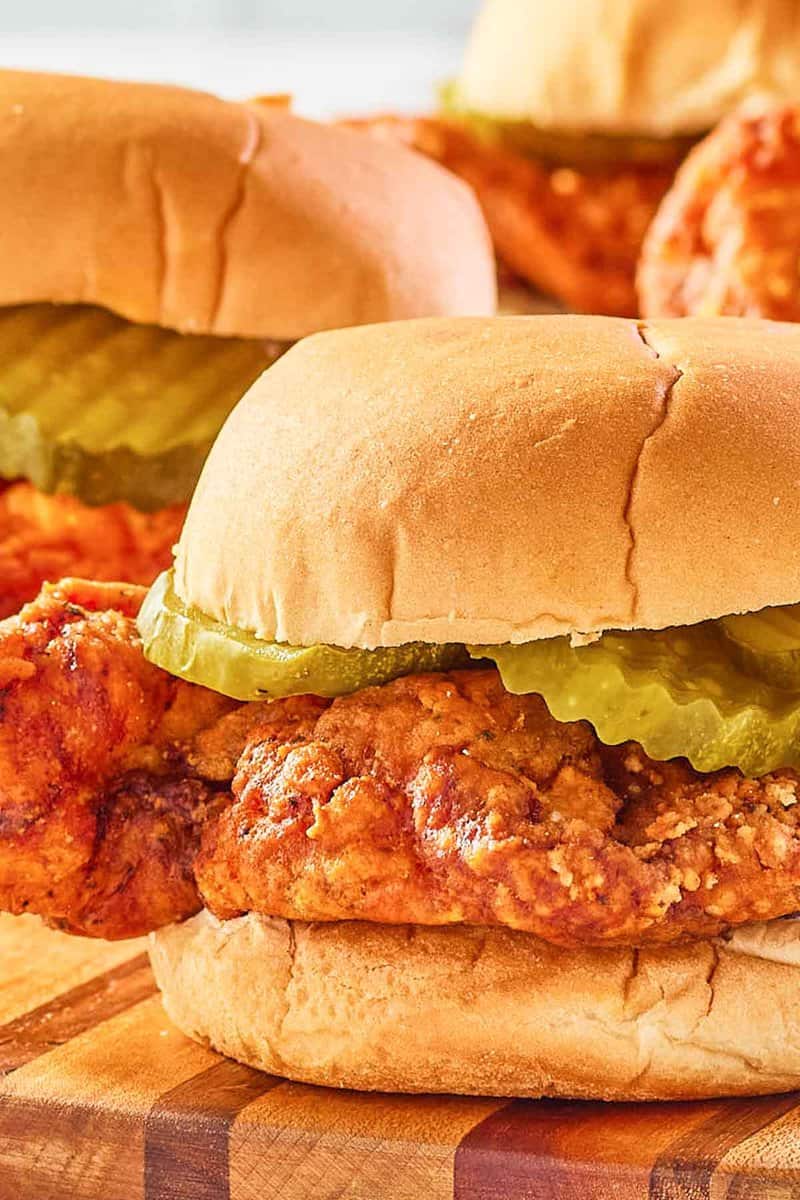 closeup of a copycat wingstop buffalo chicken sandwich.
