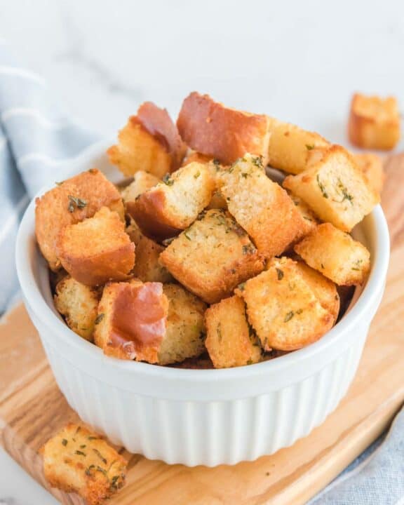 A bowl of air fryer croutons.