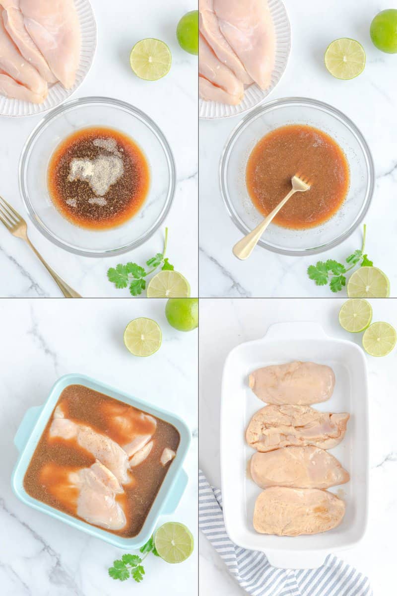 Collage of making fiesta lime chicken marinade and marinating chicken.