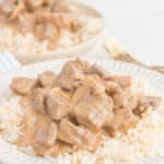traditional beef stroganoff over rice on a plate and in a bowl.