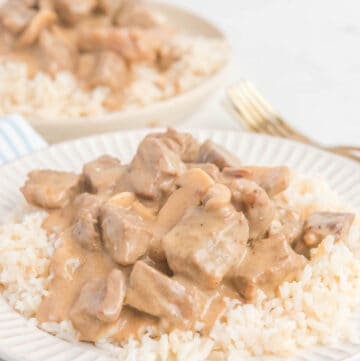 traditional beef stroganoff over rice on a plate and in a bowl.