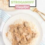 overhead view of homemade beef stroganoff on a plate.