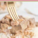 beef stroganoff on a fork over the dish.