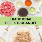 beef stroganoff ingredients and the finished dish.