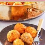 four Buffalo chicken meatballs and a fork on a plate.