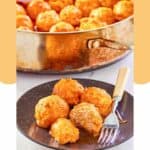 Buffalo chicken meatballs on a plate and in a pan.