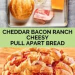 cheesy pull apart bread ingredients and the finished loaf.