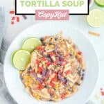 Overhead view of a bowl of homemade Chick Fil A chicken tortilla soup.