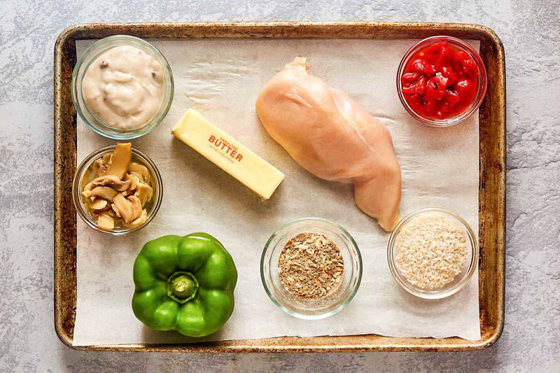 chicken and rice casserole ingredient on a tray.