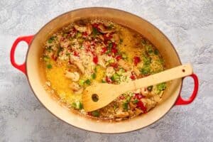 rice and vegetable mixture in a Dutch oven.