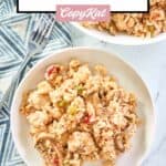 overhead view of chicken and rice casserole on a plate and in a large bowl.