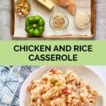 chicken and rice casserole ingredients and a serving on a plate.