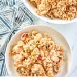 overhead view of chicken and rice casserole.