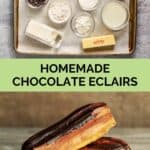 chocolate eclairs ingredients and two of them on parchment paper.