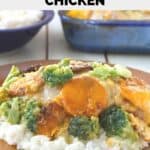 Homemade Cracker Barrel broccoli cheddar chicken casserole served over rice.