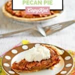 slice of copycat Cracker Barrel chocolate pecan pie on a polka dot plate.