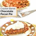 homemade Cracker Barrel chocolate pecan pie slice topped with whipped cream.