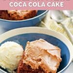 homemade Cracker Barrel double chocolate coca cola cake and ice cream in a bowl.