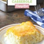 serving of homemade cracker barrel hashbrown casserole on a plate.