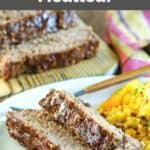 two copycat cracker barrel meatloaf slices on a plate.