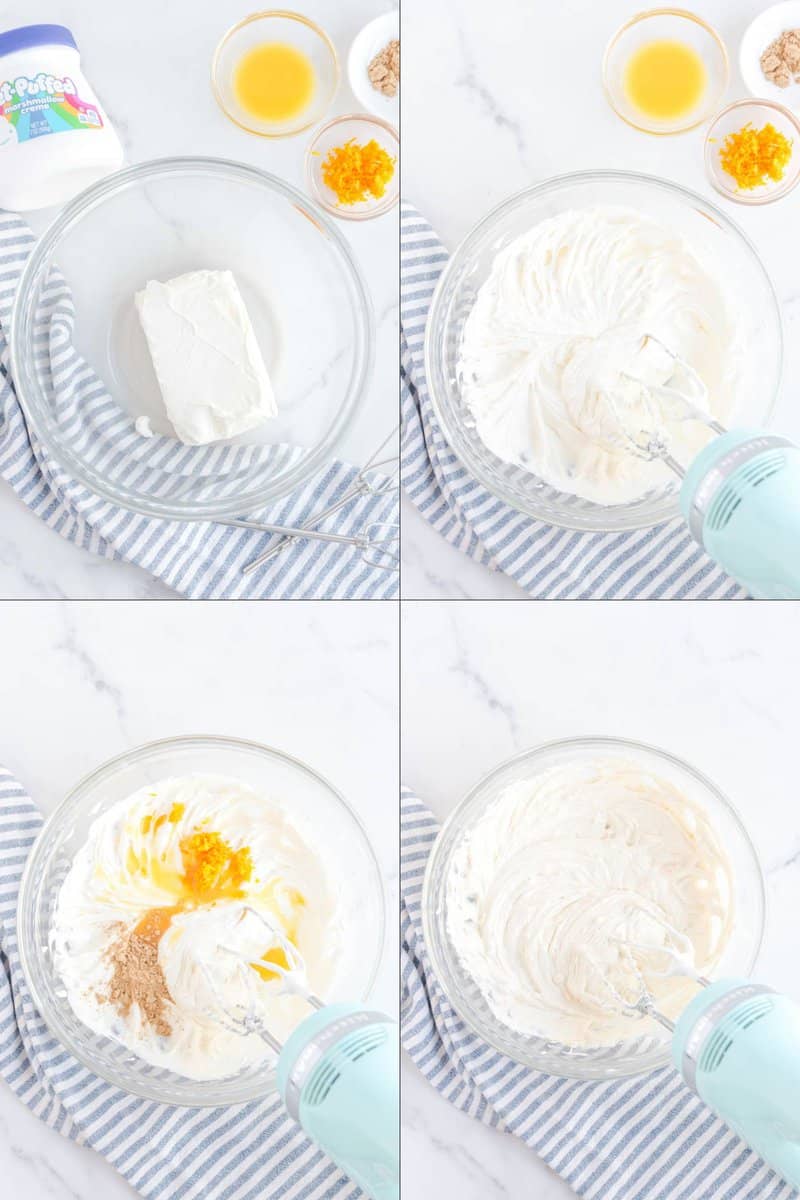 Collage of making cream cheese fruit dip.