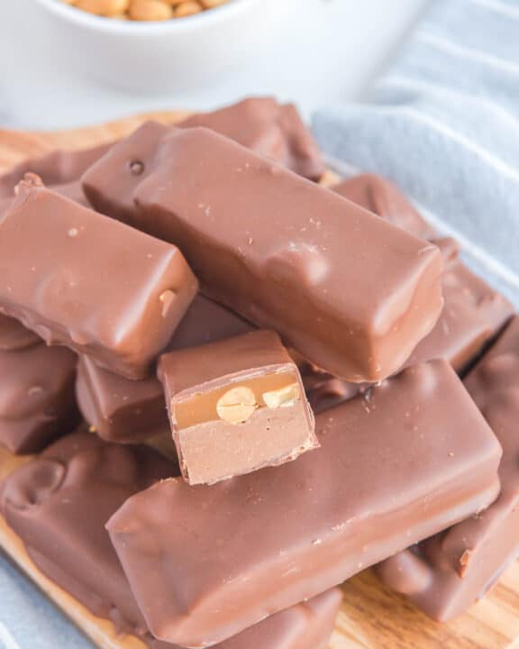 homemade snickers candy bars and peanuts.